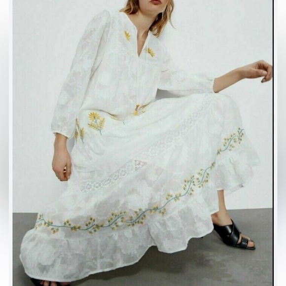 Zara White Embroidered Maxi Dress S - Picture 3 of 12